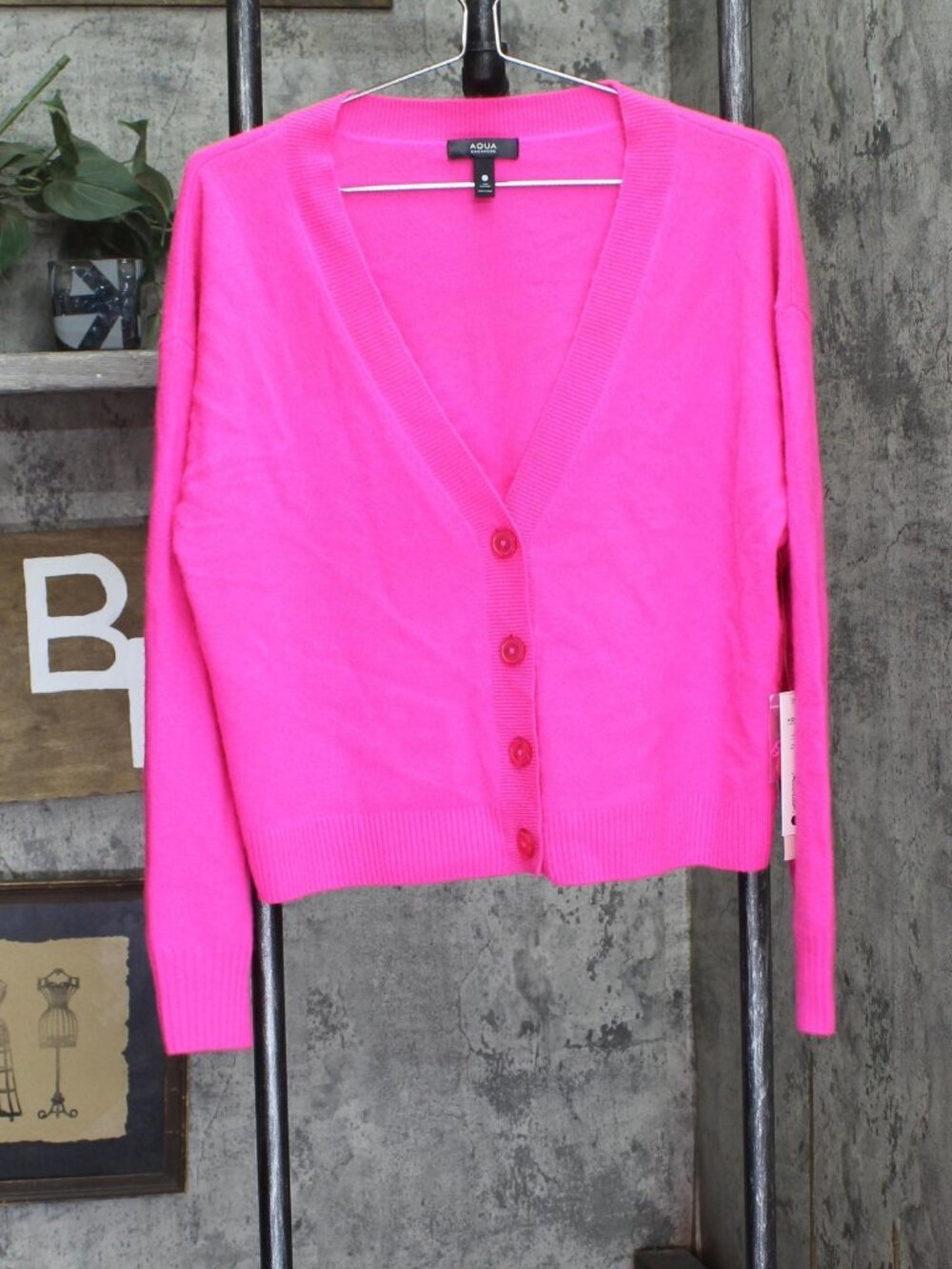 Aqua Pink Button Front Sweater Cashmere V Neck Cardigan V10337 Neon L Sz L